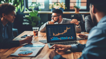 A team of businesspeople sitting around a table, examining a graph on a laptop screen.の素材