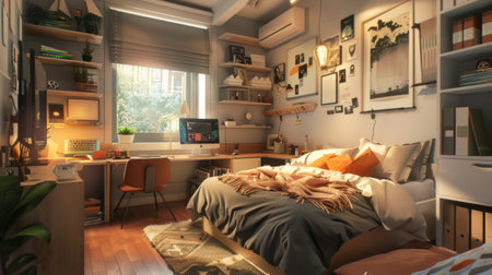 A teenager's bedroom with trendy decor, a comfortable bed, and a study nook with a computer and desk.の素材