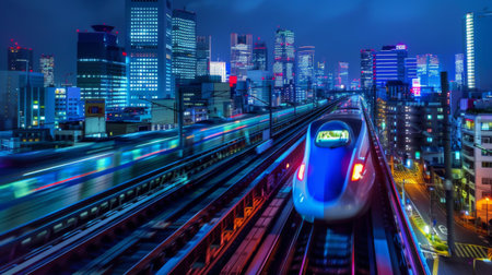 A time-lapse of a high-speed train streaking past colorful city lights at night, representing the speed and efficiency of modern rail travel.の素材