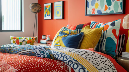 A vibrant bedroom with bold colors, patterned bedding, and unique artwork creating a lively and energetic space.の素材