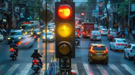 A traffic light showing yellow, with blurred motion of cars and motorbikes as they prepare to stop.の素材