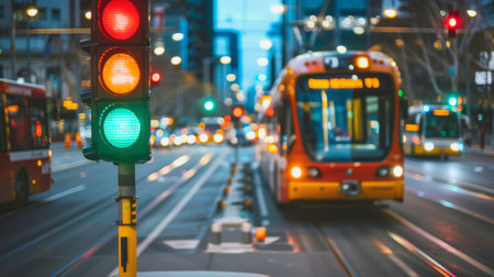 A traffic light at a major city intersection, with buses, cars, and a tram in the background, showing a green light.の素材