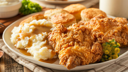 A tray of golden fried chicken with biscuits, mashed potatoes, and gravy, a comforting Southern meal for any occasion.の素材