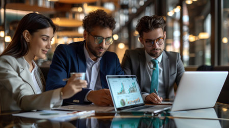 A team of businesspeople sitting around a table, examining a graph on a laptop screen.の素材