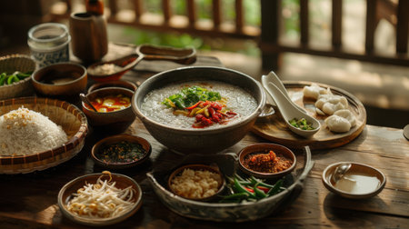 A traditional Thai breakfast setup featuring jok (rice porridge) with various toppings and condiments.の素材