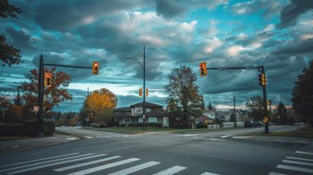 A traffic light at a suburban intersection, with houses and trees visible in the background under a cloudy sky.の素材