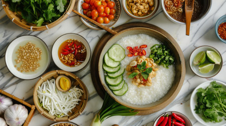 A traditional Thai breakfast setup featuring jok (rice porridge) with various toppings and condiments.の素材
