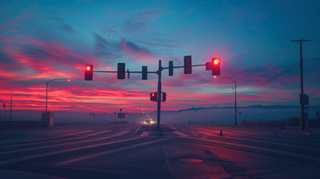 A traffic light at an empty intersection at dawn, with the morning sky starting to brighten.の素材