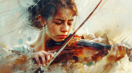 A violinist playing with passion and intensity, their eyes closed in concentration as they draw emotion from the strings.の素材