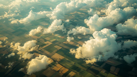 Aerial view of billowing clouds casting shadows over a patchwork landscape, creating a stunning natural tapestry.の素材