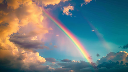 A vibrant rainbow arching across the sky after a passing rainstorm, bringing a sense of joy and hope to the scene.の素材