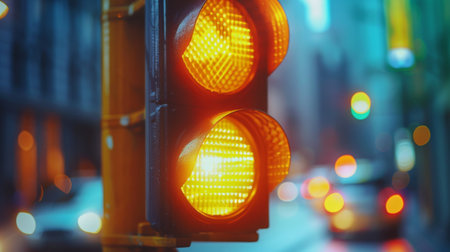 A traffic light showing yellow, with a close-up of the light and a blurred urban background.の素材