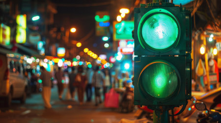 A traffic light showing green at a bustling night market, with colorful vendor stalls and shoppers in the background.の素材