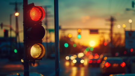 A traffic light at a busy intersection during sunset, with warm hues illuminating the scene.の素材
