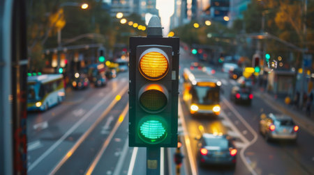 A traffic light at a major city intersection, with buses, cars, and a tram in the background, showing a green light.の素材
