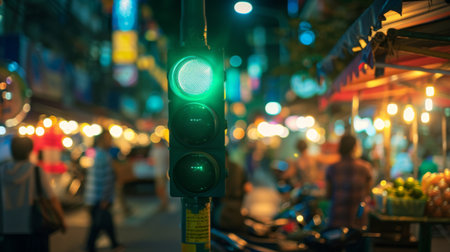 A traffic light showing green at a bustling night market, with colorful vendor stalls and shoppers in the background.の素材