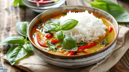 A vibrant Thai green curry served in a traditional bowl, with jasmine rice and fresh basil leaves on the side.の素材