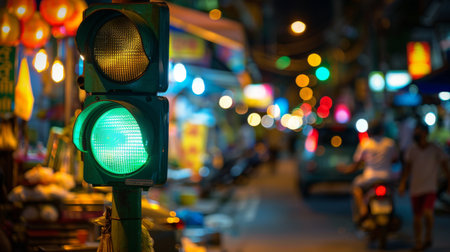 A traffic light showing green at a bustling night market, with colorful vendor stalls and shoppers in the background.の素材