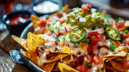 A tray of loaded nachos with melted cheese, jalapenos, sour cream, guacamole, and salsa, a popular appetizer for sharing.の素材