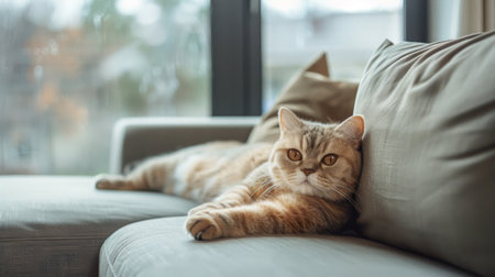 A well-fed Scottish Fold cat lying on a modern sofa, with a scenic view of the outdoors visible through a large windowの素材