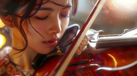 A violinist playing with passion and intensity, their eyes closed in concentration as they draw emotion from the strings.の素材