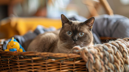 An obese Burmese cat comfortably settled in a wicker basket, surrounded by cozy blankets and toys.の素材