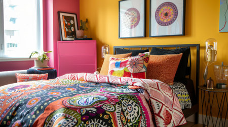 A vibrant bedroom with bold colors, patterned bedding, and unique artwork creating a lively and energetic space.の素材