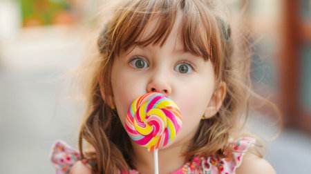 A young girl holding a lollipop and making funny faces, her expression a mix of amusement and delight.の素材