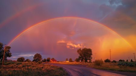 A vibrant rainbow arching across the sky after a passing rainstorm, bringing a sense of joy and hope to the scene.の素材