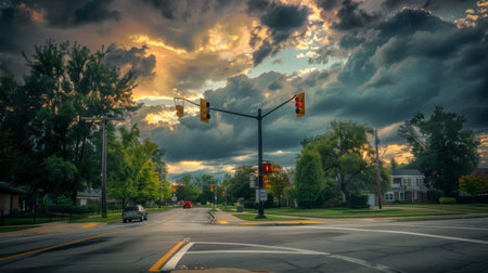 A traffic light at a suburban intersection, with houses and trees visible in the background under a cloudy sky.の素材