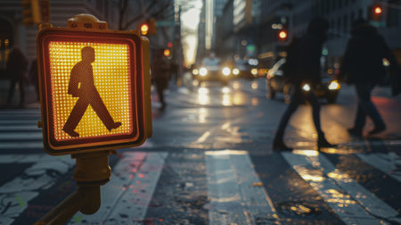An intersection with a pedestrian crossing light showing the walk signal, and people crossing the street in the background.の素材