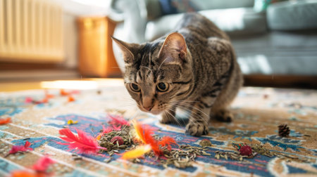 A well-fed tabby cat playing with a colorful feather toy on a living room floor, surrounded by scattered catnip.の素材