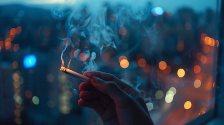 Cigarette smoke billowing from a lit cigarette held between two fingers, with a blurred urban background.の素材