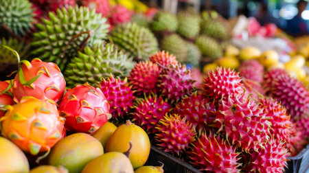 A vibrant display of Thai fruits like rambutan, dragon fruit, and mangoes at a local market stall.の素材