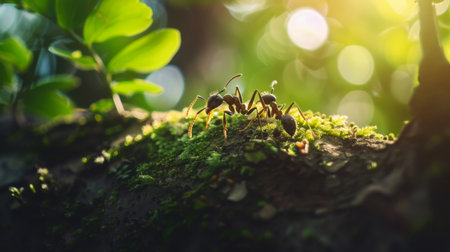 Ants foraging for food in a lush forest setting, illustrating their role as vital contributors to ecosystem health.の素材