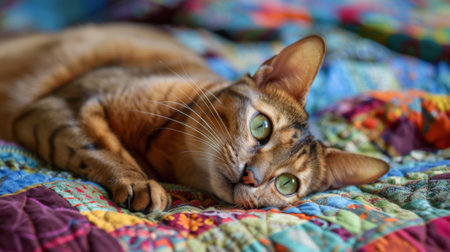 An overweight Abyssinian cat lounging on a colorful quilt, looking up with bright, inquisitive eyes.の素材