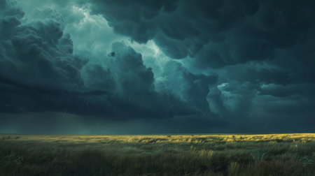 Dark storm clouds gathering ominously on the horizon, signaling an impending thunderstorm or rain shower.の素材