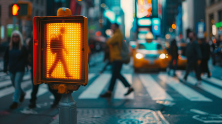 An intersection with a pedestrian crossing light showing the walk signal, and people crossing the street in the background.の素材