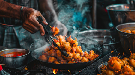 An Indian street food vendor serving hot, crispy pakoras with a side of spicy chutney.の素材