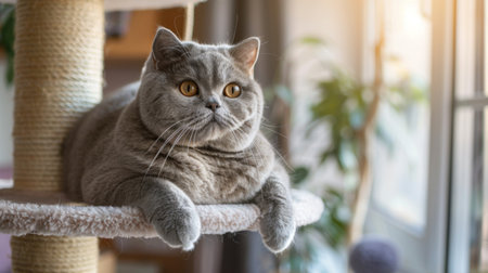 An obese British Shorthair cat perched on a cat tree, surveying its surroundings with a calm demeanor.の素材