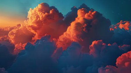 Puffy cumulus clouds dotting the sky like cotton balls, against a backdrop of deep blue and hints of orange at sunset.の素材