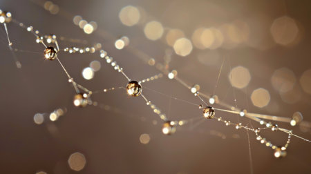 A macro shot of water droplets on a spider's silk thread, resembling a delicate strand of pearls suspended in mid-air.の素材