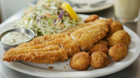 A plate of Southern-style fried catfish with hush puppies, coleslaw, and tartar sauce, a delicious seafood meal.の素材