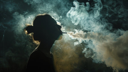 A person exhaling a cloud of cigarette smoke in a dimly lit room, with the smoke illuminated by a single light source.の素材