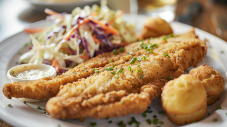 A plate of Southern-style fried catfish with hush puppies, coleslaw, and tartar sauce, a delicious seafood meal.の素材
