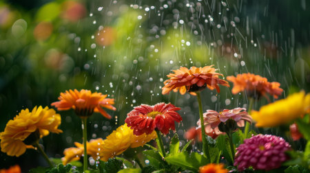 A refreshing shower of water droplets falling on a group of colorful flowers, nourishing them and enhancing their beauty.の素材