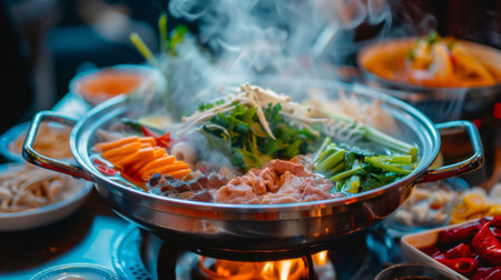 A steaming pot of Thai hot pot (suki) with fresh vegetables, meat, and dipping sauces on a side table.の素材