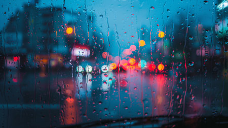 A rain shower seen through a window, with raindrops streaking down the glass in mesmerizing patternsの素材