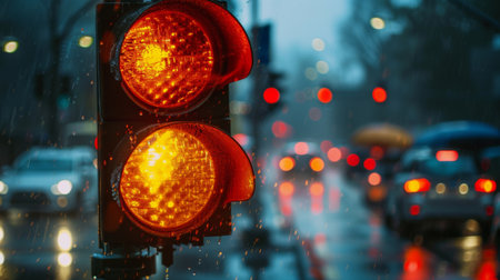 A traffic light on a rainy day, with droplets on the lens and a blurred background of cars and umbrellas.の素材
