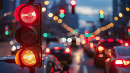 A traffic light showing red and a line of cars waiting at an urban crosswalk, with a cityscape in the background.の素材